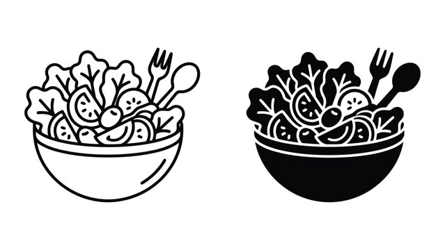 Fresh salad bowl icons in line art and solid vector style with vegetable