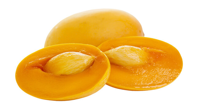 Whole and halved ripe mangoes with visible seed