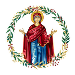 Obraz premium Assumption of Mary. Decorative vintage floral wreath, illustration in Byzantine style isolated