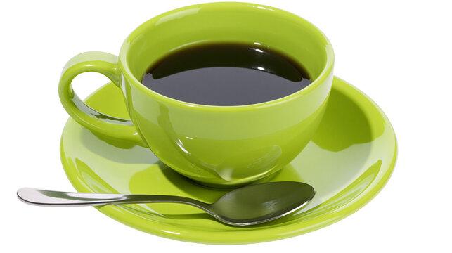 Lime green coffee cup and saucer with spoon filled with dark coffee