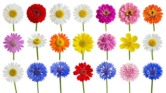 Collection of colorful daisy and zinnia flowers on stems