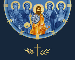 Fototapeta premium John Baptist (Saint John Forerunner, John the Immerser, Prophet Yahya, John Baptizer) and four cardinal points (Archangel Gabriel, Uriel, Raphael and Michael). Illustration in Byzantine style isolated
