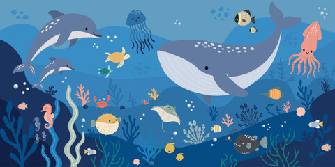 Set of sea and ocean underwater animals. Cute fish and wild marine cartoon animals. Undersea world. Cute marine life scene for children nursery room wallpaper educational posters and banner decor © Jennie