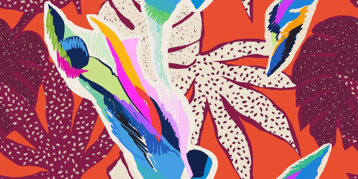 Energetic abstract botanical pattern. Dynamic bold print. Hand drawn unique template for design. 