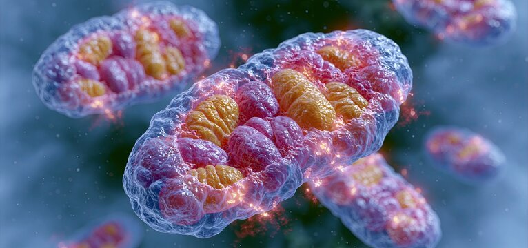 A vibrant educational diagram showing cellular respiration and ATP production within mitochondria of human cells.