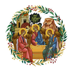 Obraz premium Trinitian. Holy trinity. Decorative vintage floral wreath, illustration in Byzantine style isolated
