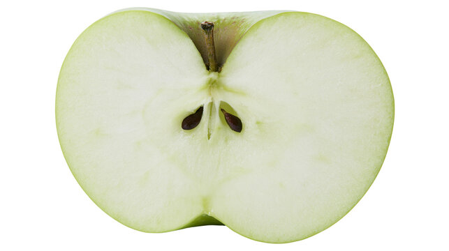 Green apple half with seeds and stem