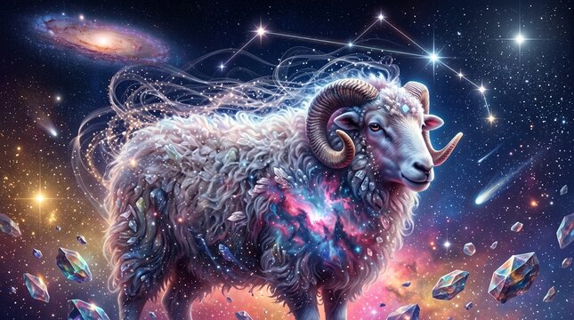 A majestic ram with cosmic wool stands under a starry night sky with constellations and floating crystals, representing the Aries zodiac sign.