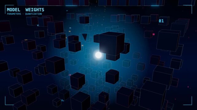 Model weights lattice parameters ai, artificial intelligence and neural networks concept 3D animation, seamless loop.