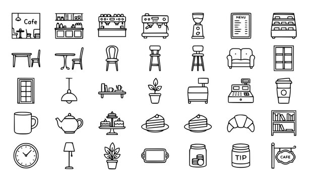 Premium cafe, coffee shop and bakery line icons set