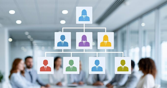 In a sleek office setting, a vibrant corporate hierarchy chart with modern icons illustrates teamwork and organizational structure.