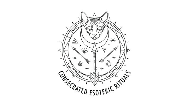 Mystical esoteric logo design featuring a sphinx cat head, crescent moon, and sacred geometry on white background.