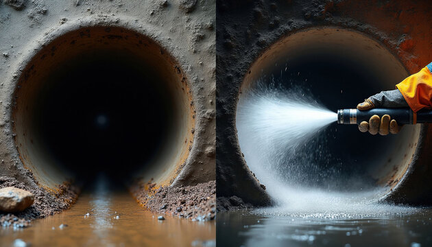 Dirty sewer pipe on hydro jet cleaning, water spray blasting grime. Before and after comparison shows pipe restoration and improved flow. Drainage system maintenance.