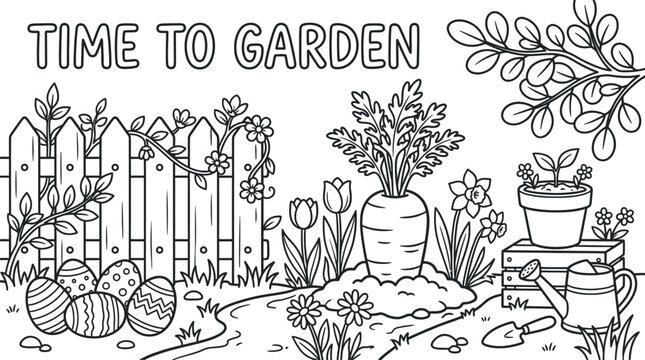 Time to garden scene with carrot fence flowers plants and easter eggs outline drawing art.
