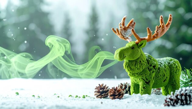 Green moss moose with antlers in winter landscape.