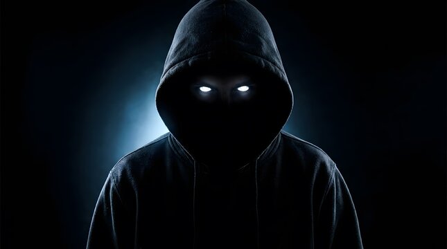 Spooky happy halloween mysterious hooded figure with glowing eyes in the dark