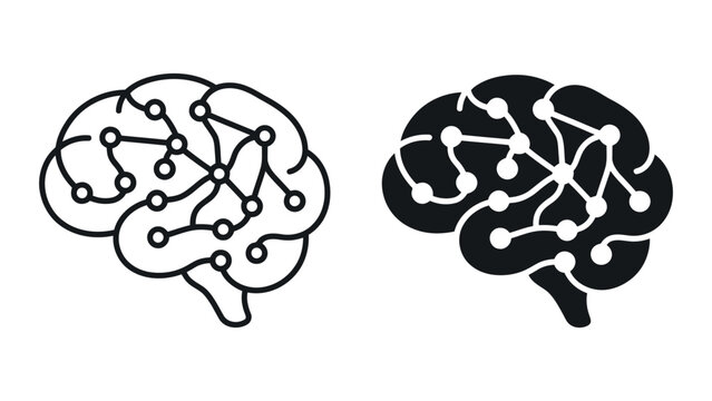 Human brain neural network icon with connected nodes for cognitive science and artificial intelligence technology concepts in minimalist black and white vector graphic for tech design