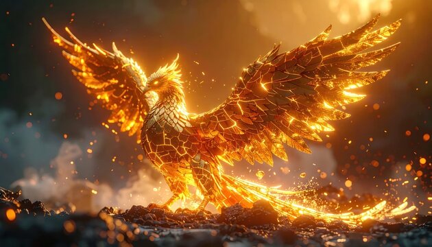 Majestic fire phoenix bird rising from golden embers.