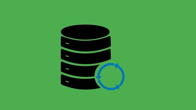 Data backup icon featuring data center symbol and circular arrow. Simple representation of secure storage, synchronization, and information recovery.