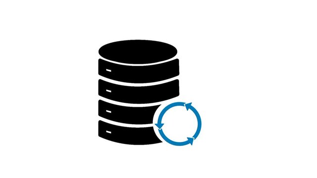 Data backup icon featuring data center symbol and circular arrow. Simple representation of secure storage, synchronization, and information recovery.