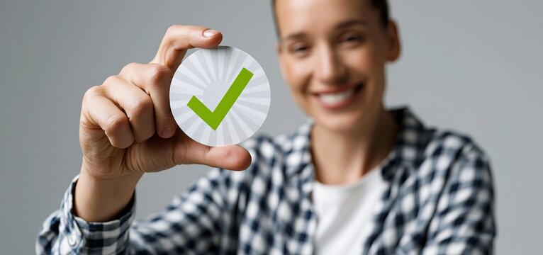 A bold green checkmark on a certification badge held up, highlighting verified quality and trustworthiness.