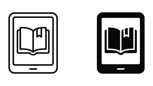 E-book reader icons set featuring digital tablet with open book symbol, learning