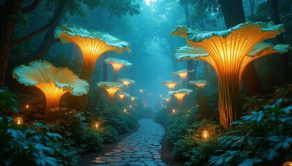 Fototapeta premium Magical glowing giant mushroom path in dark enchanted forest. Mystical flora illuminates stone walkway with small lights. Fantasy woodland scene, dreamlike atmosphere, serene nature.