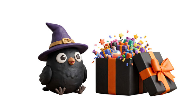 Halloween raven with gifts spooky season present illustration for celebrations