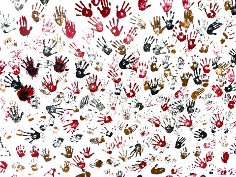 Colorful painted handprints on white background symbolizing diversity