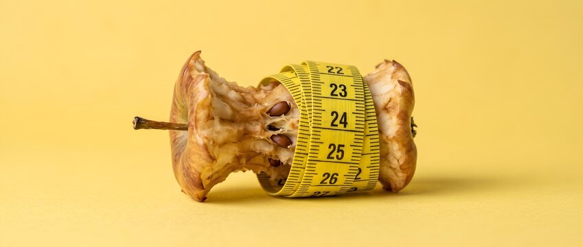 Eaten apple core wrapped in a yellow measuring tape on yellow background