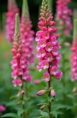 Obraz premium Bright pink snapdragon flowers grow tall in sunny summer garden. Antirrhinum majus plants bloom with vibrant petals on green stems. Beautiful colorful floral spikes stand in park outdoor environment.