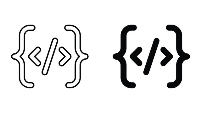 Code brackets icon set with internal slash symbol in outline and solid black graphic styles for programming and software development platforms isolated on a clean white background