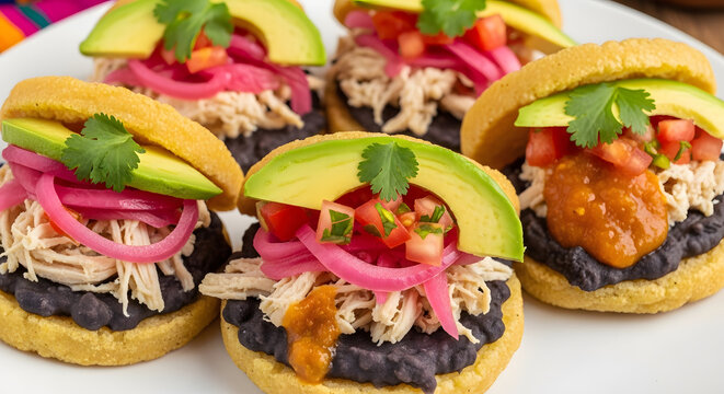 Sopes topped with shredded chicken and avocado provide a vibrant traditional Mexican food concept.