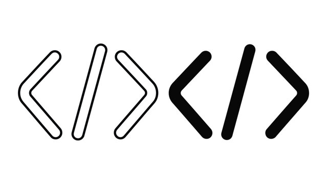 Minimalist programming syntax symbols featuring opening and closing angle brackets in both outline and solid black icon styles isolated on white background for web development and software engineering