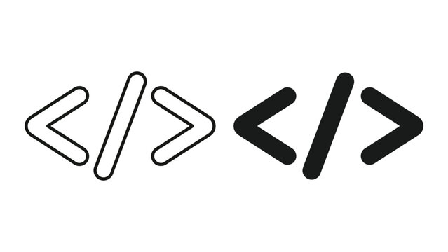 Programming code brackets icon set featuring chevron syntax in linear and solid vector styles for web development applications and software engineering interface design isolated on white background