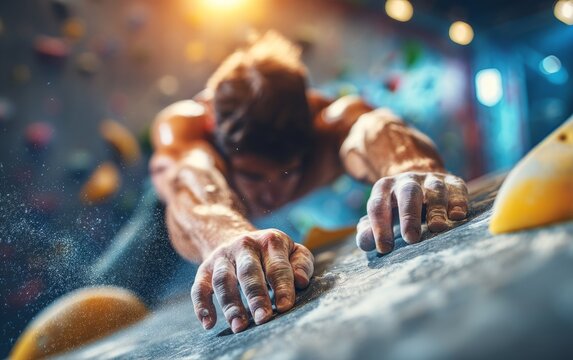 Close up of focused man gripping rock climbing wall with chalk on hands indoors