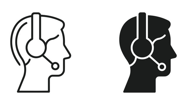 Customer support profile icon set with headset in profile view in outline and solid black vector style for contact center user interfaces isolated on white background for professional branding