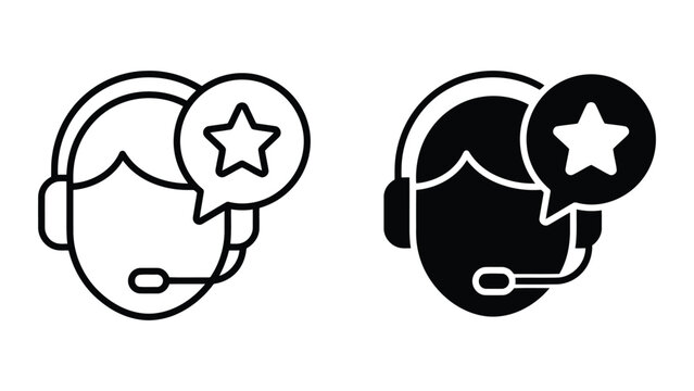 Customer service agent wearing headset with star rating speech bubble icon in outline and solid black styles for feedback and review concepts isolated on plain white background for web UI