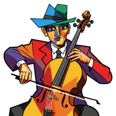 A man in a colorful suit plays the cello © Gobinda