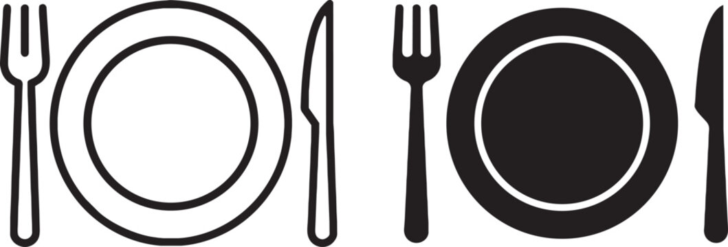 Art & Illustration, Table setting vector icon set showing a dinner plate with a fork and knife.