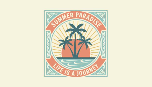Retro style summer paradise logo featuring tropical palm trees over a warm sunset and gentle ocean waves.