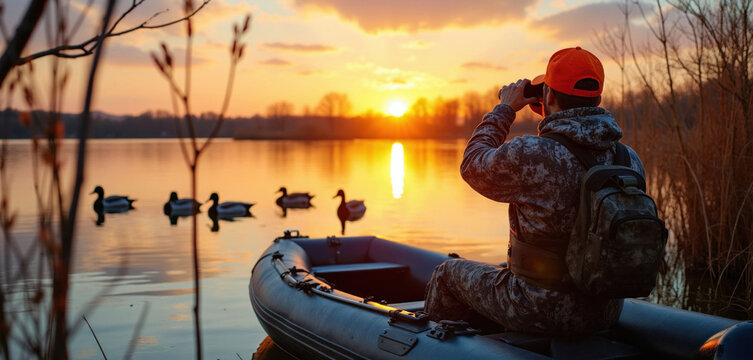 Waterfowl hunter in camouflage clothing sits in inflatable boat on lake. Man looks through binoculars at wild ducks in water during golden hour sunset. Male person enjoys outdoor hunting hobby in