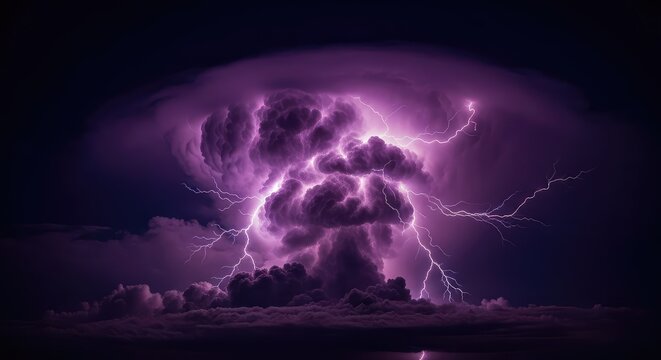 A massive thunderhead cloud glows with a deep purple hue while bright white lightning bolts strike through the dark and stormy night sky, cumulonimbus, horizon, weather