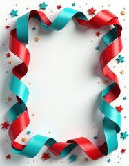 Fototapeta premium Turquoise, red ribbon frame border with festive stars on white background. Curly paper swirls form decorative rectangular edges for celebration cards. Party invitation template with colorful satin