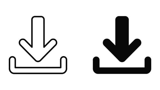 Download arrow icon set with rounded bracket base in minimalist outline and solid black graphic styles for file upload and download interface buttons for modern software applications