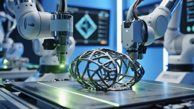 Robotic arm prints metal lattice structure in modern industrial factory