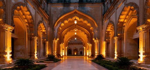 Obraz premium Intricate arches and detailed carvings adorn the grand Mughal palace interior, bathed in warm golden light in Lucknow, India.