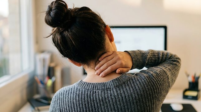 Woman feeling neck pain while working at desk. Office syndrome concept for health and ergonomic solutions.