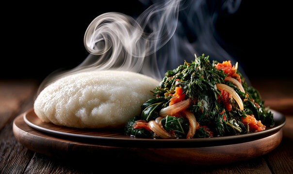 traditional East African ugali cornmeal with braised sukuma wiki greens