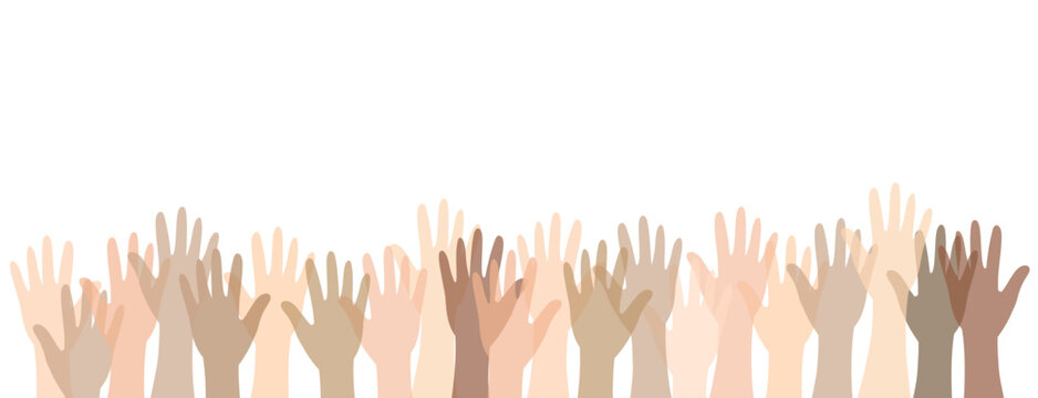 Raised hands background concept for multicultural community, unity, volunteering, voting, and inclusion design
